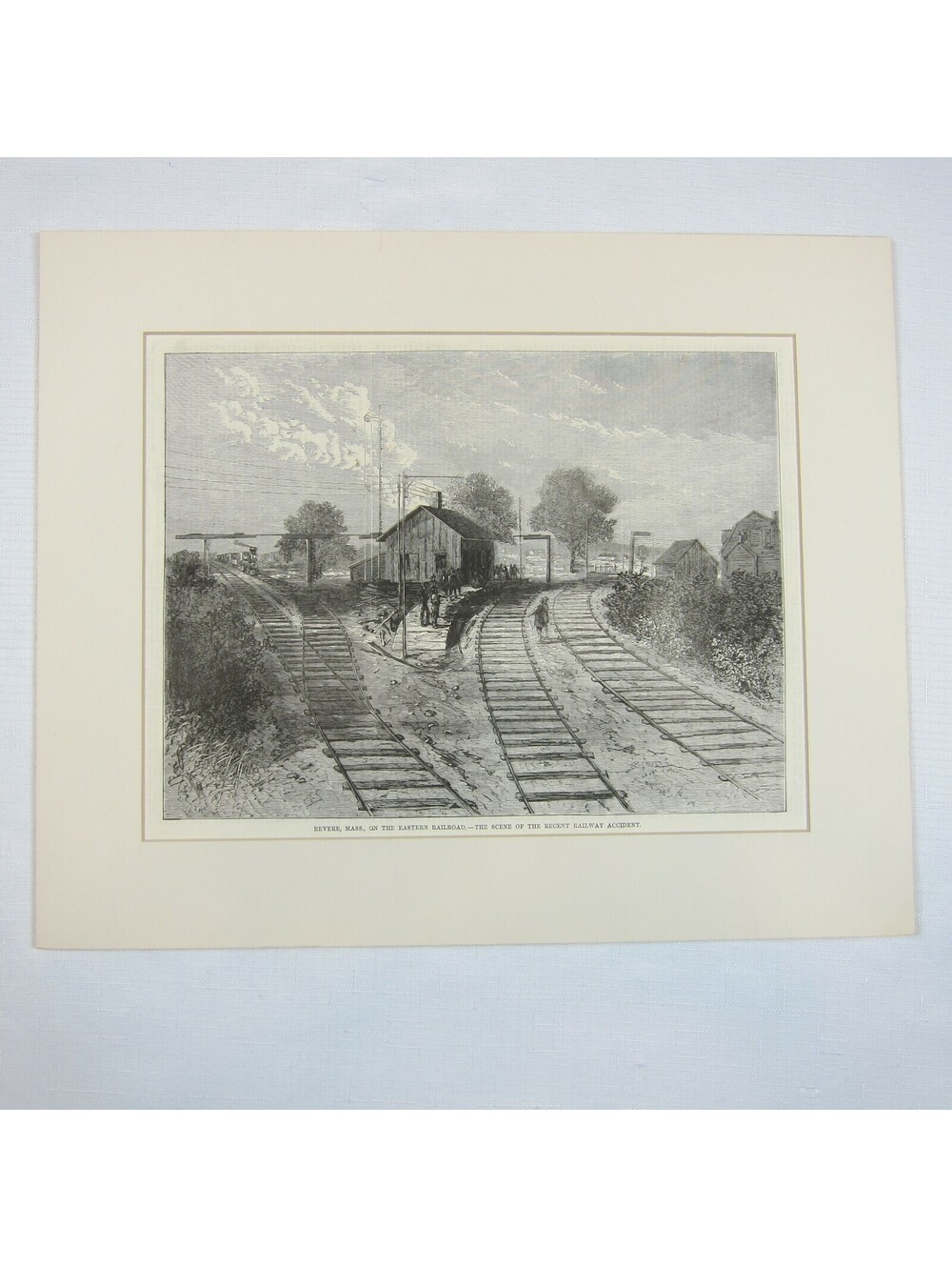 Antique 1871 Wood Engraved Print Revere Massachusetts Railroad Train Wreck Scene